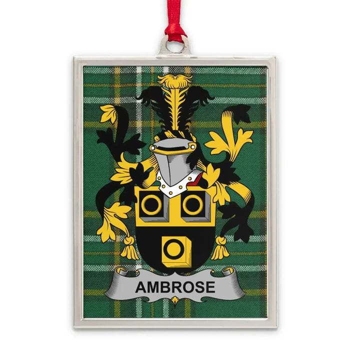 Ambrose Irish family crest Christmas ornament — silver-tone portrait-frame keepsake