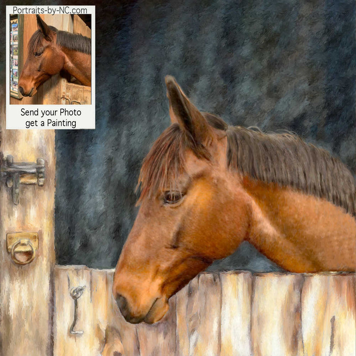 American Quarter Horse Portrait — By Stable Door custom pet portrait, handprinted and digital artwork by artist Enzie Shahmiri before and after