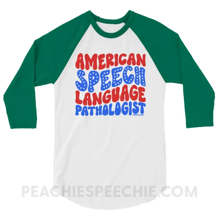 American Speech-Language Pathologist Baseball Tee - White/Kelly / XS - peachiespeechie.com