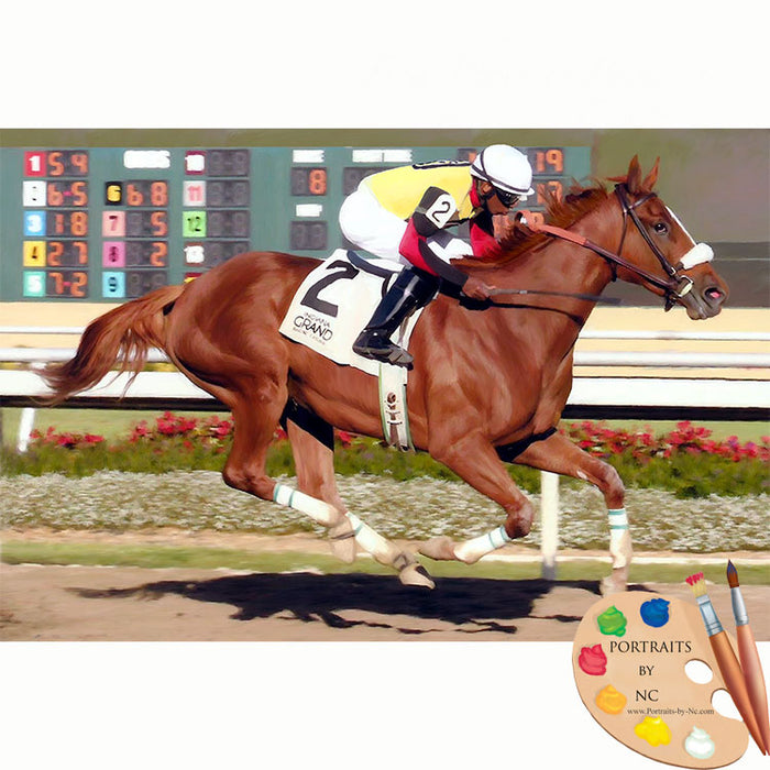 American Thoroughbred  Racehorse Portrait custom pet portrait painted and digital artwork by artist Enzie Shahmiri