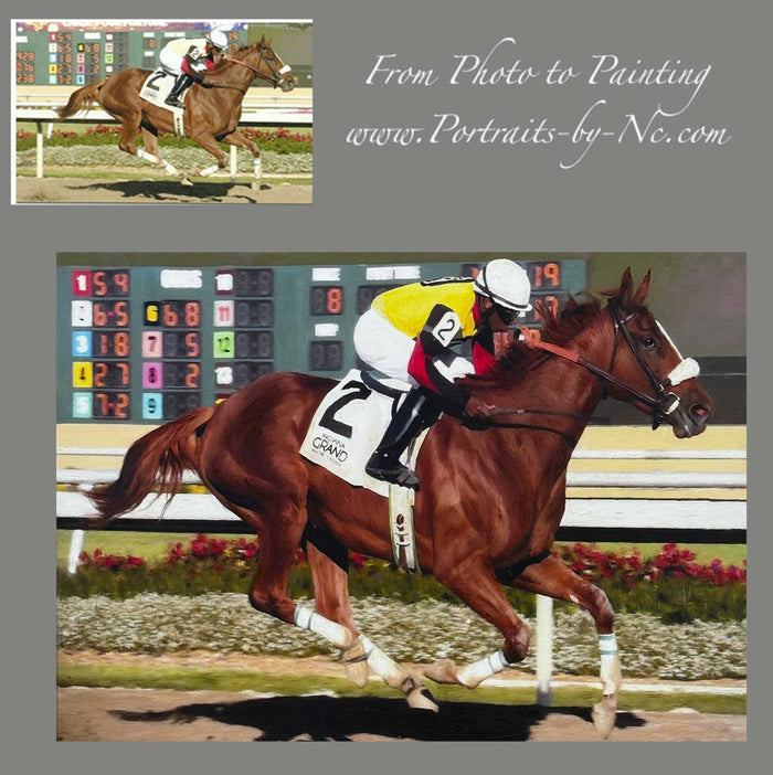 American Thoroughbred Portrait — Racehorse “Wicked Strong” custom pet portrait painted by hand in oil by portrait artist Enzie Shahmiri before and after