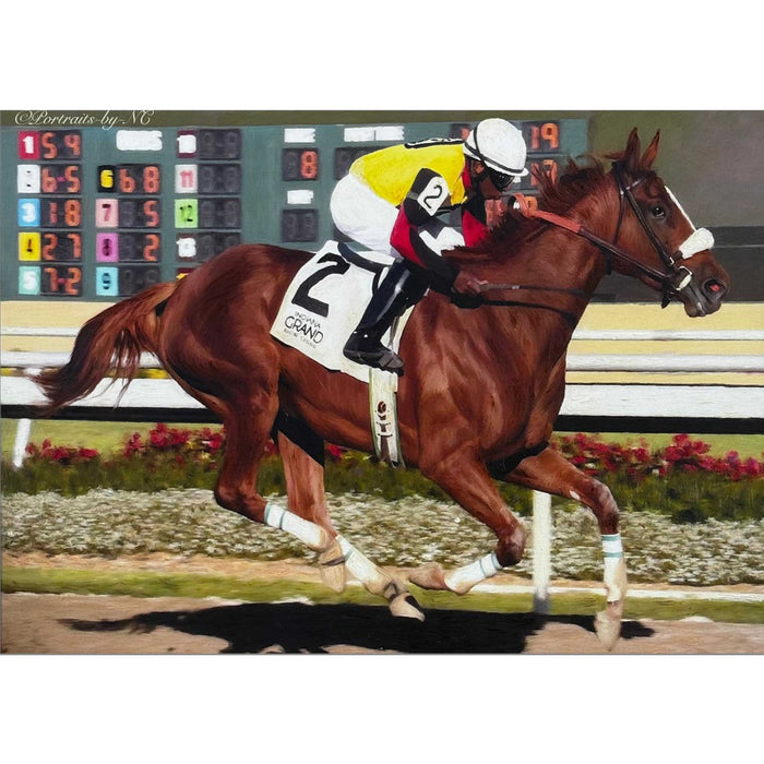 American Thoroughbred Portrait — Racehorse “Wicked Strong” custom pet portrait painted by hand in oil by portrait artist Enzie Shahmiri