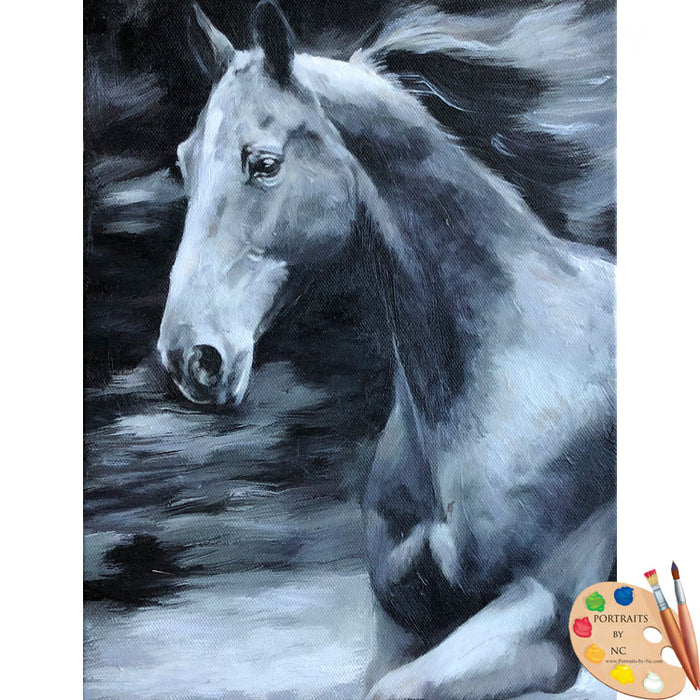 Andalusian Horse Custom pet portrait, hand-painted and digital artwork by Enzie Shahmiri in black and white