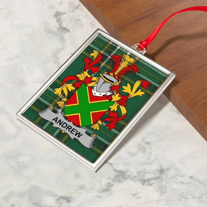 Andrew Irish family crest Christmas ornament — crest and tartan detail