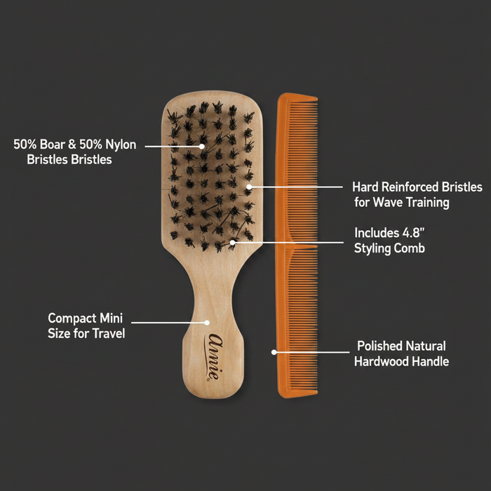 Annie Hard Mini Wooden Club Brush & Comb Set, Boar & Nylon Bristle, Light Brown
