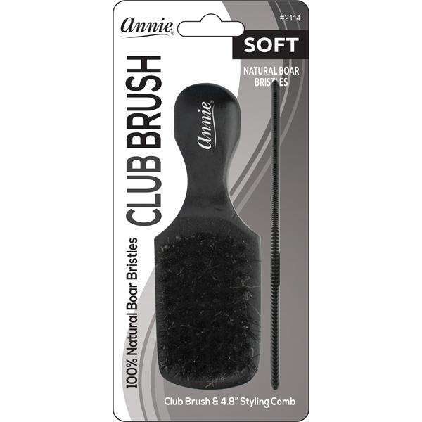 Annie Soft Mini Wooden Club Brush & Comb Set, 100% Boar Bristle, Black