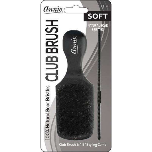 Annie Soft Mini Wooden Club Brush & Comb Set, 100% Boar Bristle, Black