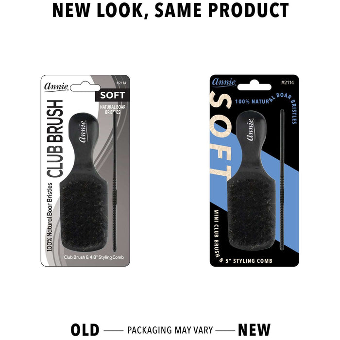 Annie Soft Mini Wooden Club Brush & Comb Set, 100% Boar Bristle, Black