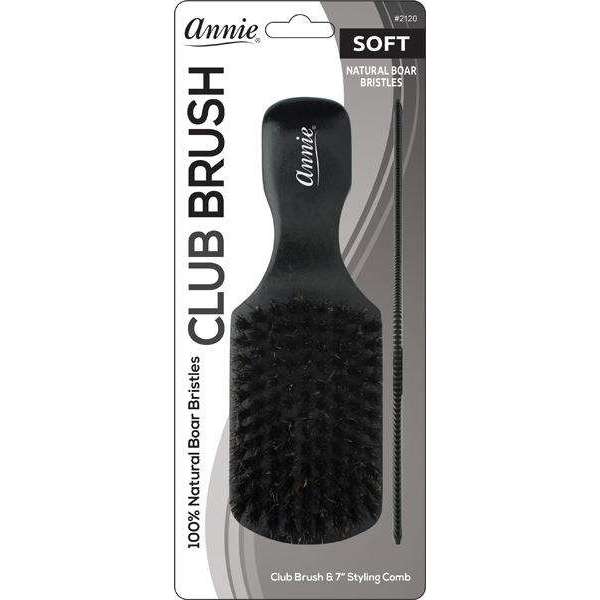 Annie Soft Wooden Club Brush & Comb Set, 100% Boar Bristle, Black