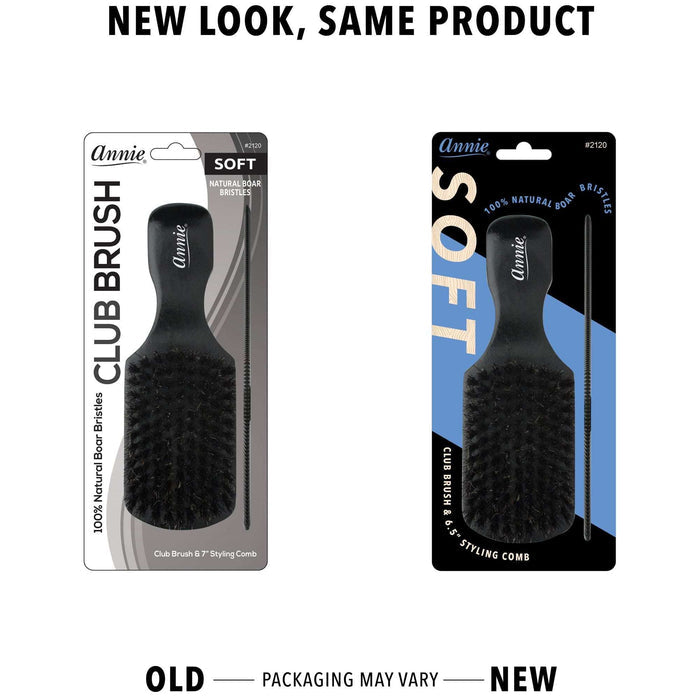 Annie Soft Wooden Club Brush & Comb Set, 100% Boar Bristle, Black