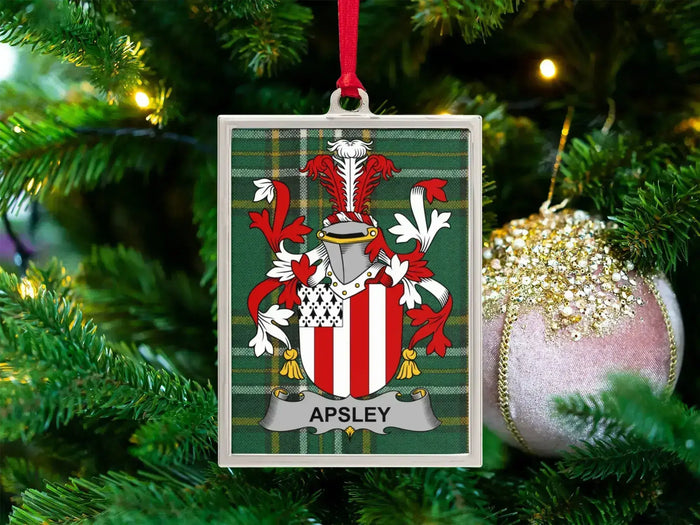 Apsley Irish family crest Christmas ornament — crest on the Irish national tartan in a silver-tone frame
