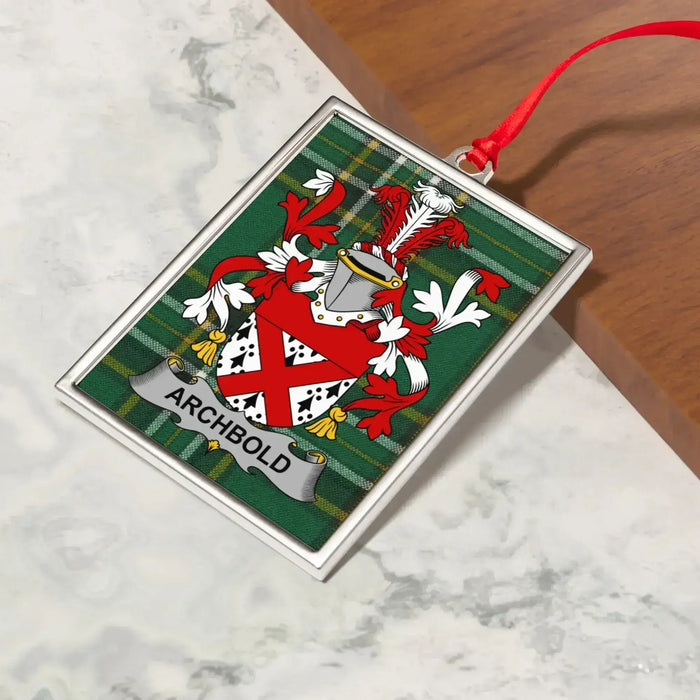 Archbold Irish family crest Christmas ornament — crest and tartan detail
