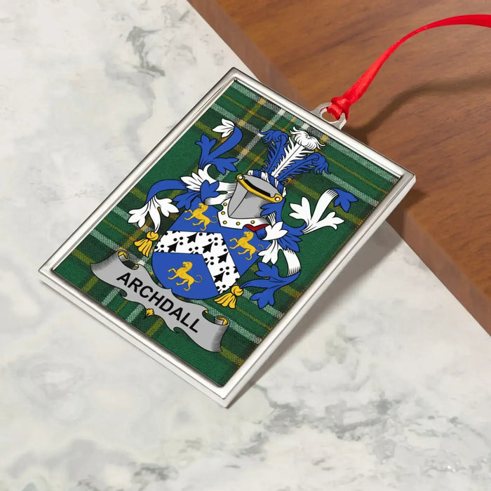 Archdall Irish family crest Christmas ornament — crest and tartan detail