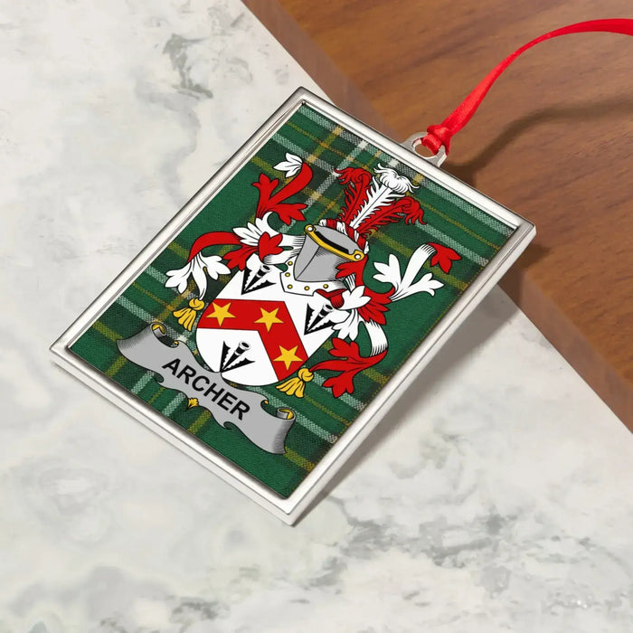 Archer Irish family crest Christmas ornament — crest and tartan detail
