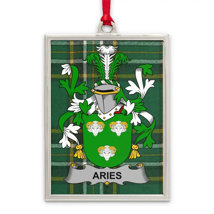 Aries Irish family crest Christmas ornament — silver-tone portrait-frame keepsake