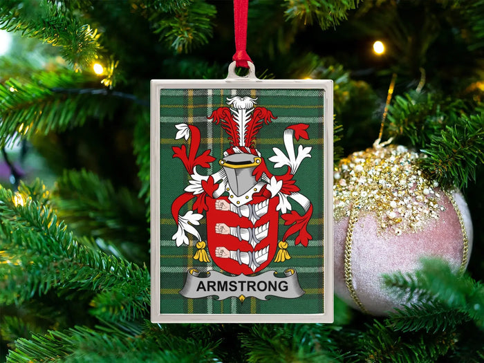 Armstrong Irish heritage family crest Christmas ornament — 3.25x2.31 framed, green and gold tartan design