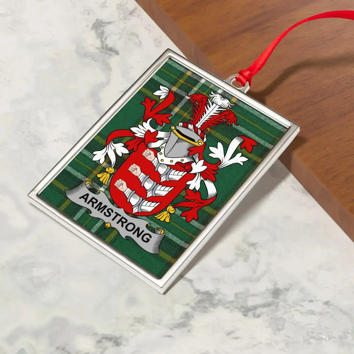 Armstrong family crest Irish tartan Christmas ornament — crest on green heritage design