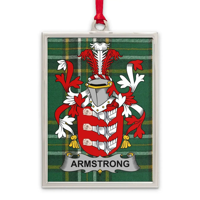 Armstrong family crest on Irish tartan-inspired ornament — framed keepsake, green and gold plaid background