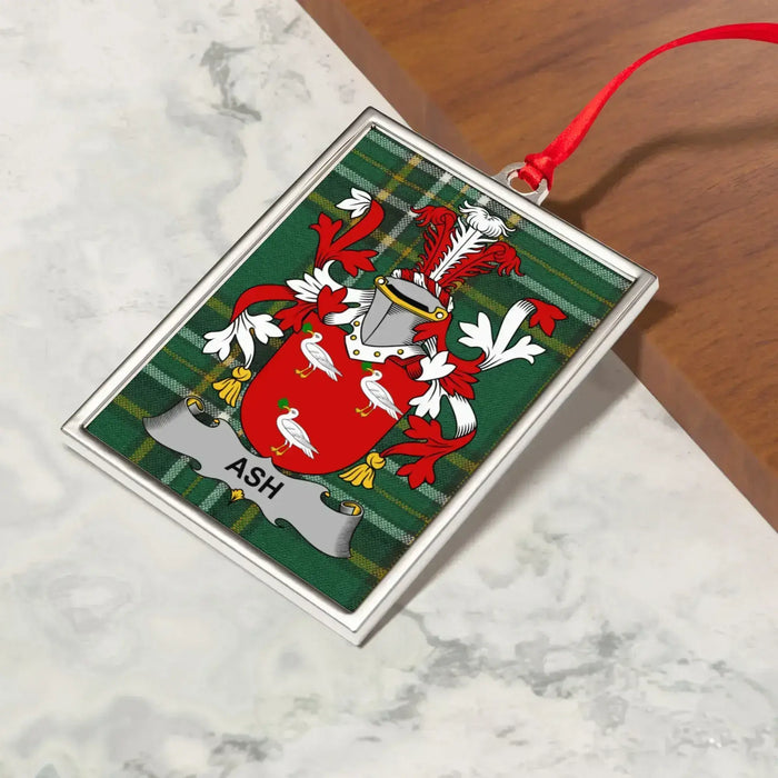 Ash Irish family crest Christmas ornament — crest and tartan detail