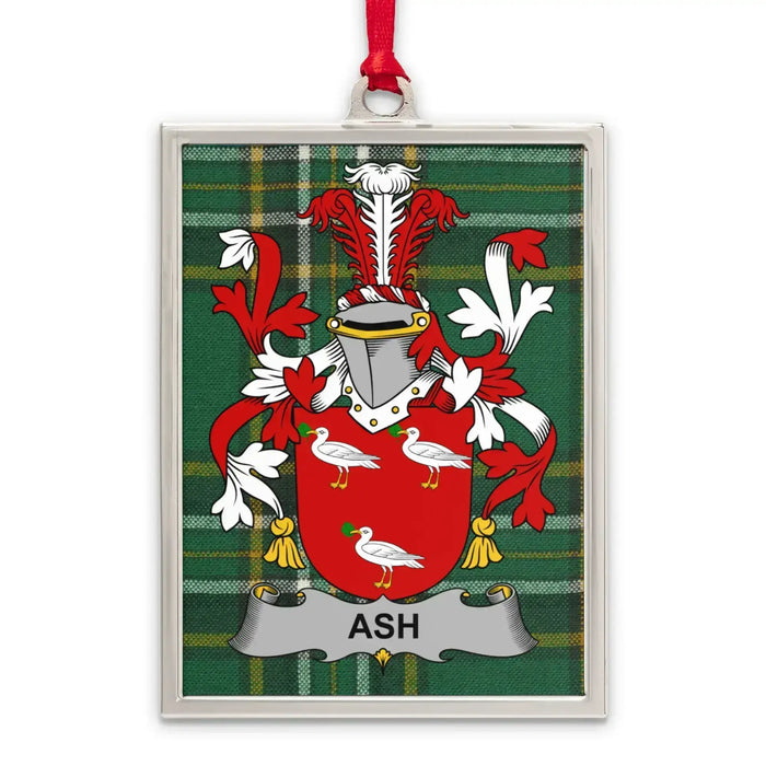 Ash Irish family crest Christmas ornament — silver-tone portrait-frame keepsake