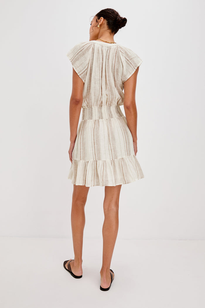 Augustine Mini Dress with Flutter Sleeves, V-Neck Button Front, Elastic Gathered Waist and a Tiered Flounce Hem in Jalisco Stripe Colorway. Full Body Back View Shown on Model.