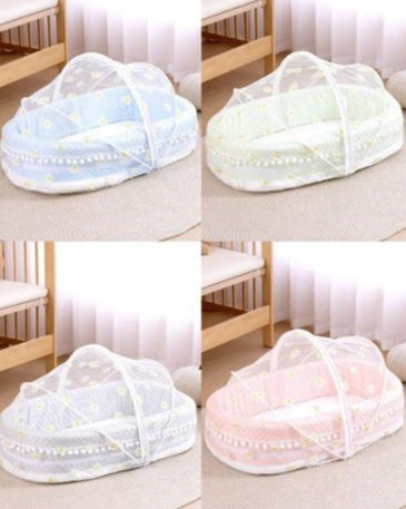 Baby Mosquito Net Bed | Portable Bassinet | Pillow Included | Pom-Pom Trim - Blue