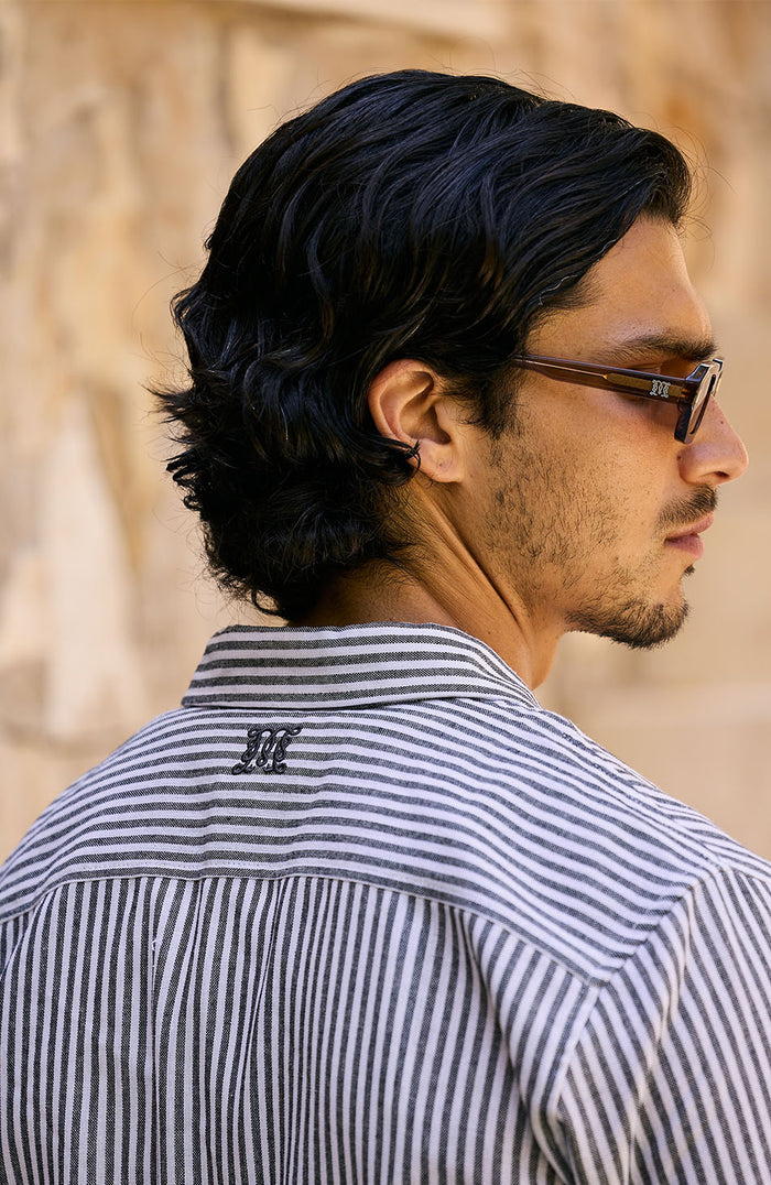 Balencio Embroidered Stripe Shirt in Charcoal and White