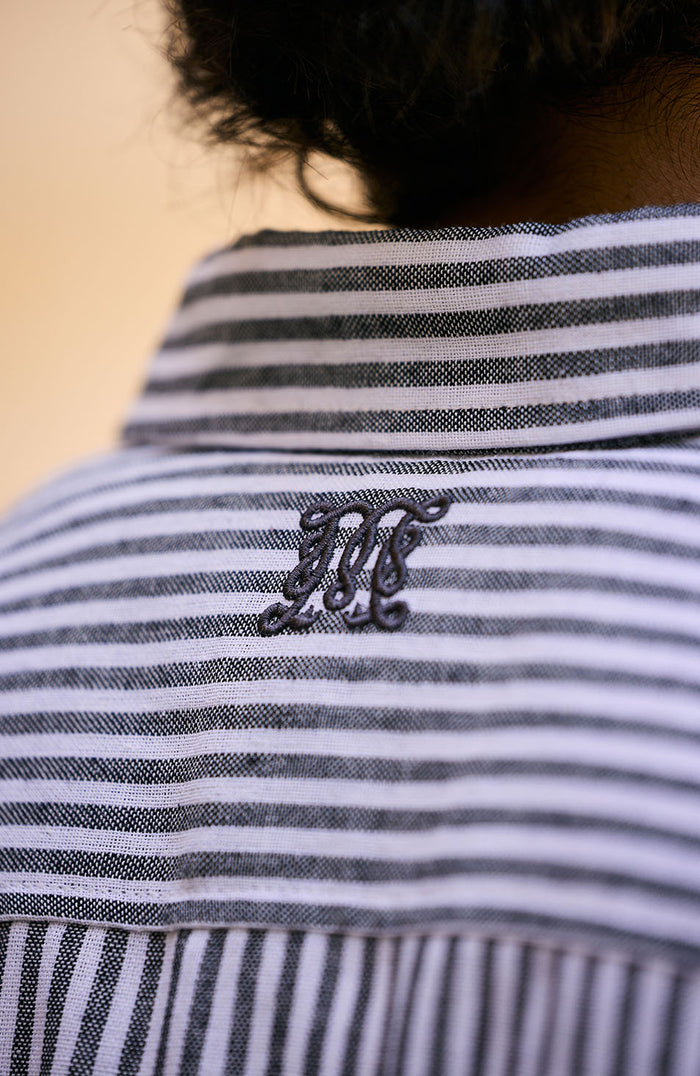 Balencio Embroidered Stripe Shirt in Charcoal and White