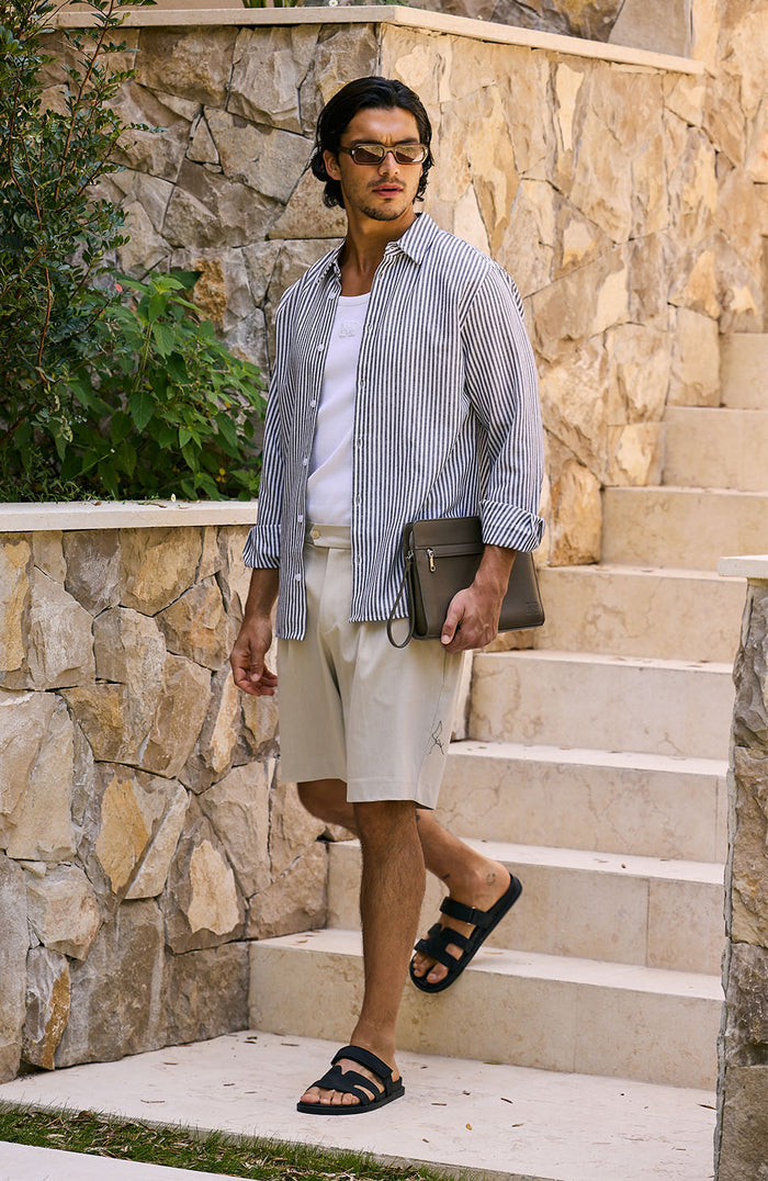 Balencio Embroidered Stripe Shirt in Charcoal and White