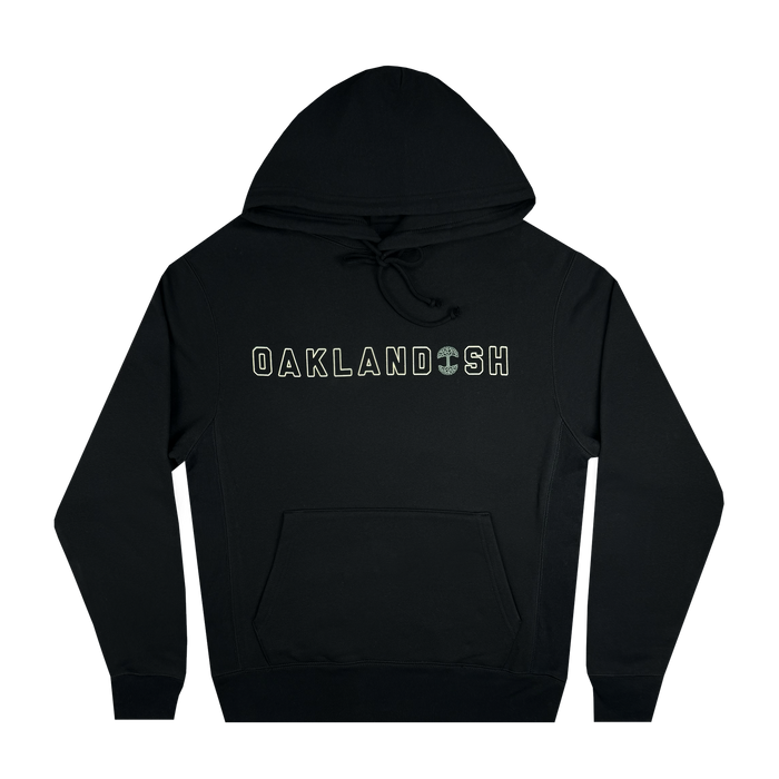 The Bandit Hoodie by Oaklandish is a black pullover featuring "OAKLANDISH" printed boldly across the chest in white letters, with the brand's tree logo replacing the "A" in "LAND." Designed in men's sizing, this stylish outerwear includes a drawstring hood and front pocket.