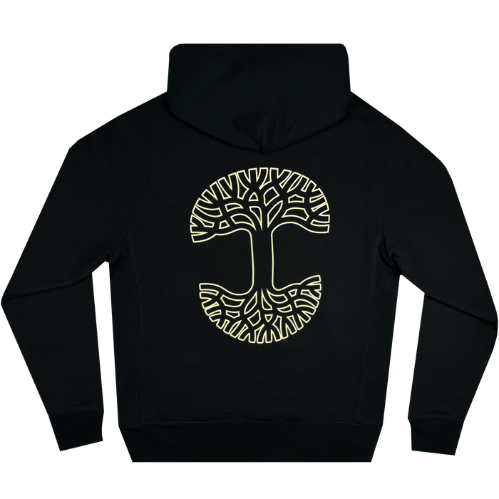 The Bandit Hoodie by Oaklandish is a black pullover featuring a large white tree design on the back. The detailed branches and roots create a symmetrical, arrow-like pattern at the center. Tailored for men's sizing, the hood and sleeves stand out against a plain white background, making it ideal black outerwear for any casual ensemble.