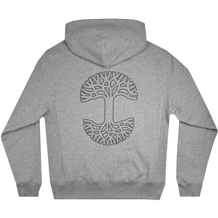 The Bandit Hoodie by Oaklandish is available in heather grey and features a large stylized tree design on the back, with branches extending upward and roots spreading downward for a symmetrical pattern. This men's hoodie includes a drawstring hood, ribbed cuffs, and waistband, crafted from a soft and comfortable fabric.