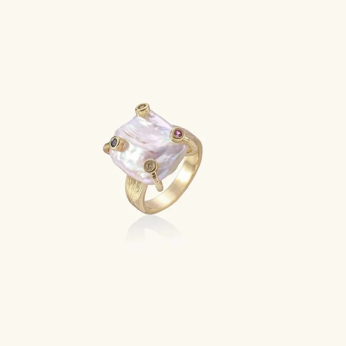 Baroque Freshwater Pearl Statement Ring with an iridescent square pearl, gold-tone band and colorful bezel-set accents