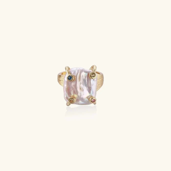 Baroque Freshwater Pearl Statement Ring with an iridescent square pearl, gold-tone textured band and four colorful accent stones
