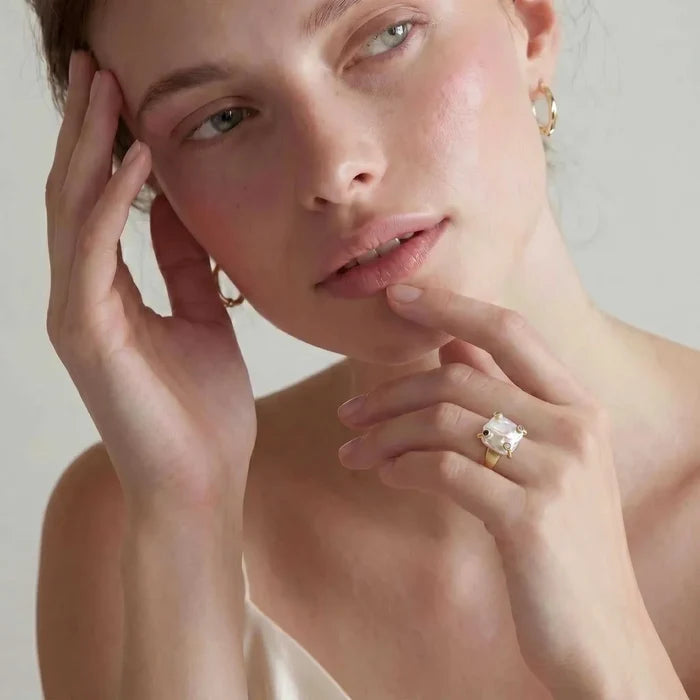 Baroque Freshwater Pearl Statement Ring in gold tone with a square iridescent pearl and small colorful accent stones