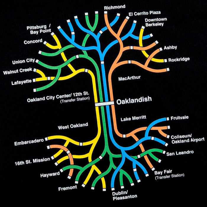The BART Tree Tee by Oaklandish features a stylized BART map with colorful, intertwined routes over a black background, resembling a tree. The labeled stops include Oakland City Center, 16th St. Mission, El Cerrito Plaza, Ashby, Lake Merritt, and Bay Fair. Made from 100% cotton with a classic fit, the map's title "Oaklandish" appears near the center.