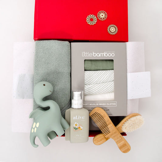 Baby bath hamper with towel, washers, comb & brush, baby oil and dragon rubber teether. $139.00