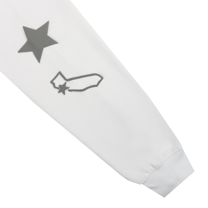 The Bay Bridge Hoodie By DOC V2 by Oaklandish has a white long sleeve with two gray graphics: a large star near the upper sleeve and an outline of California with a smaller star above the south. The image displays only the sleeve on a plain white background.