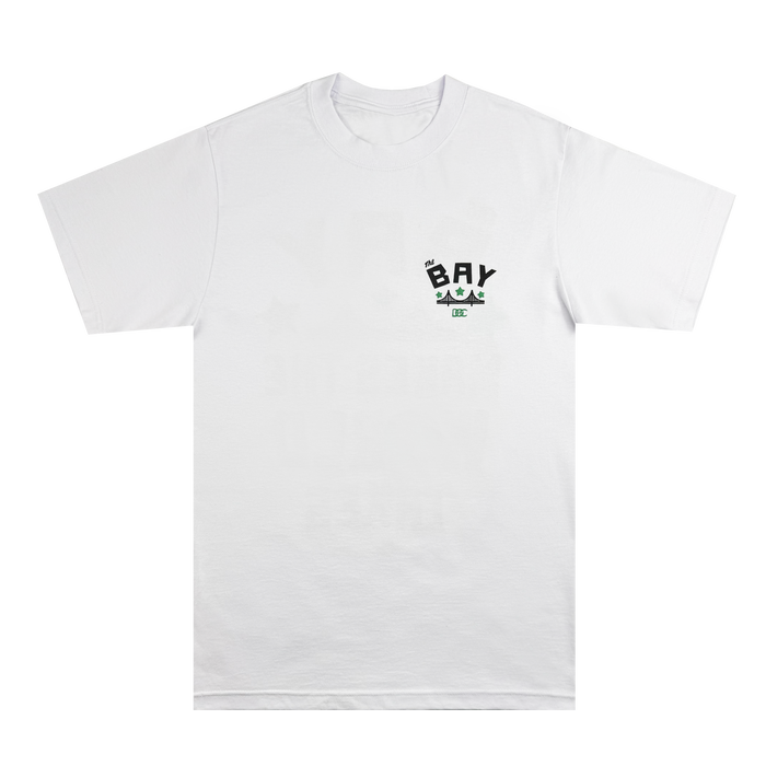 Introducing the Bay Bridge Tee by DOC from Other: a heavyweight white cotton t-shirt featuring a minimalist “BAY” graphic in bold black lettering above a green wavy line, accented with three black triangles and a small “DC” logo on the left chest. Inspired by Bay Area style, this tee is perfect for laid-back days or creative pursuits.