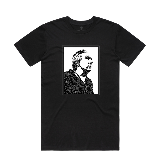 The Coach Beam's Legacy Tee by Other features a bold black-lined graphic of a contemplative person looking upward atop a white rectangular background, celebrating the Coach Beam legacy on a classic black t-shirt.