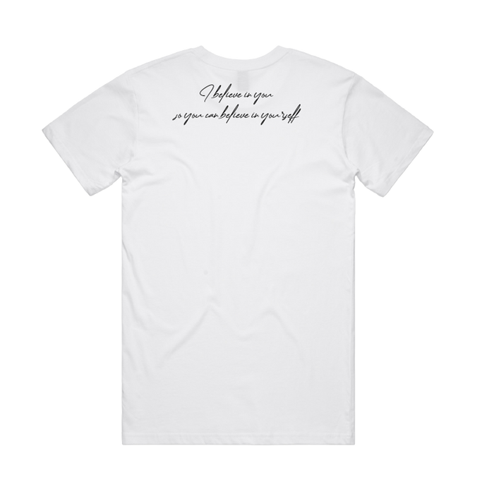 The Coach Beam's Legacy Tee by Oaklandish features black cursive text on the upper back reading, “I believe in you so you can believe in yourself,” honoring Coach John Beam’s commitment to uplifting Oakland youth with a minimalistic design.