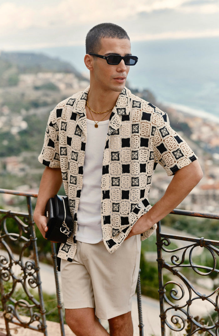 Bellagio Relaxed Checked Crochet Shirt in Black