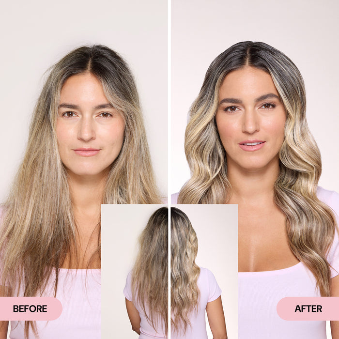 Side-by-side images of a woman showing a hair transformation. On the left, her hair appears dry and frizzy, labeled ‘Before.’ On the right, her hair is smooth, glossy, and styled in soft waves, labeled ‘After.’ Rear view inset highlights the transformation from behind.