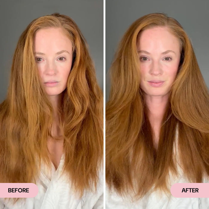 Before and after comparison showing a woman with uneven, frizzy hair transformed to smooth, voluminous, and polished hair.