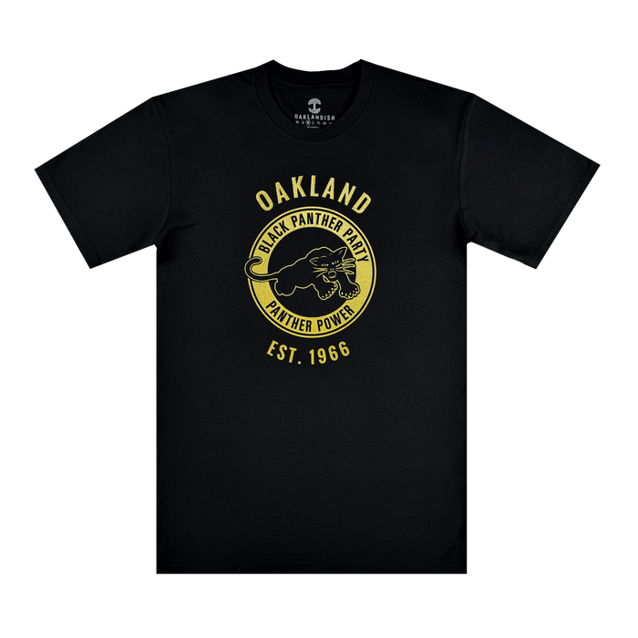 The Oaklandish Black Panther Power Tee is a black T-shirt with a yellow panther graphic and the words “OAKLAND,” “BLACK PANTHER PARTY,” “PANTHER POWER,” and “EST. 1966”—honoring social consciousness and the Party’s legacy.