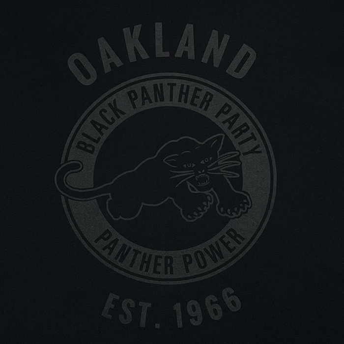 The Oaklandish Black Panther Power Tee features a dark design with a circular Black Panther Party logo, bold monochrome “OAKLAND,” “PANTHER POWER,” and “EST. 1966” text—honoring the legacy of change.