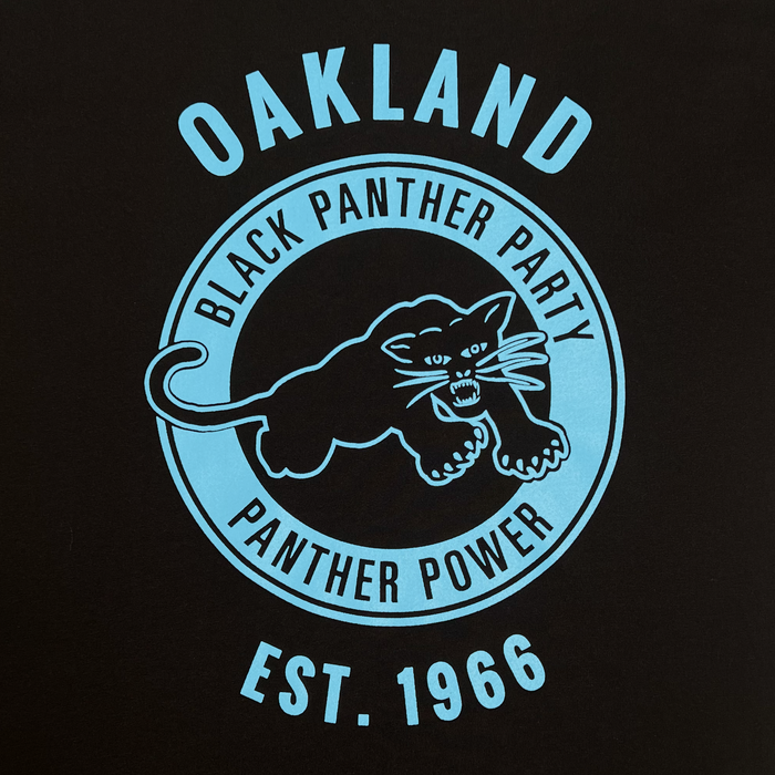 Close-up of a large blue Black Panther Power logo on the chest of a black t-shirt.