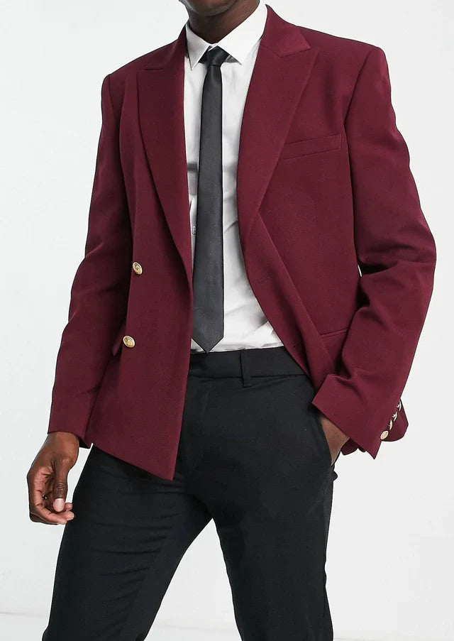 Blazer Burgundy Twill Weave Two Button Double Breasted Blazer