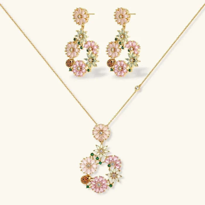 Blooming Garden Floral CZ Necklace set with gold-plated chain, pastel flower wreath pendant and matching multicolour drop earrings