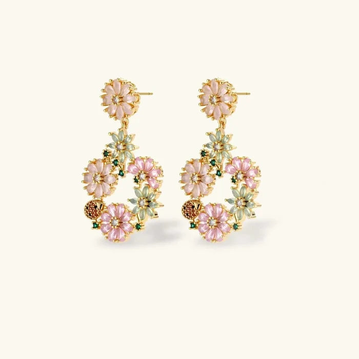 Blooming Garden Floral CZ Necklace matching drop earrings with gold-tone floral clusters and pink, peach, green and amber stones